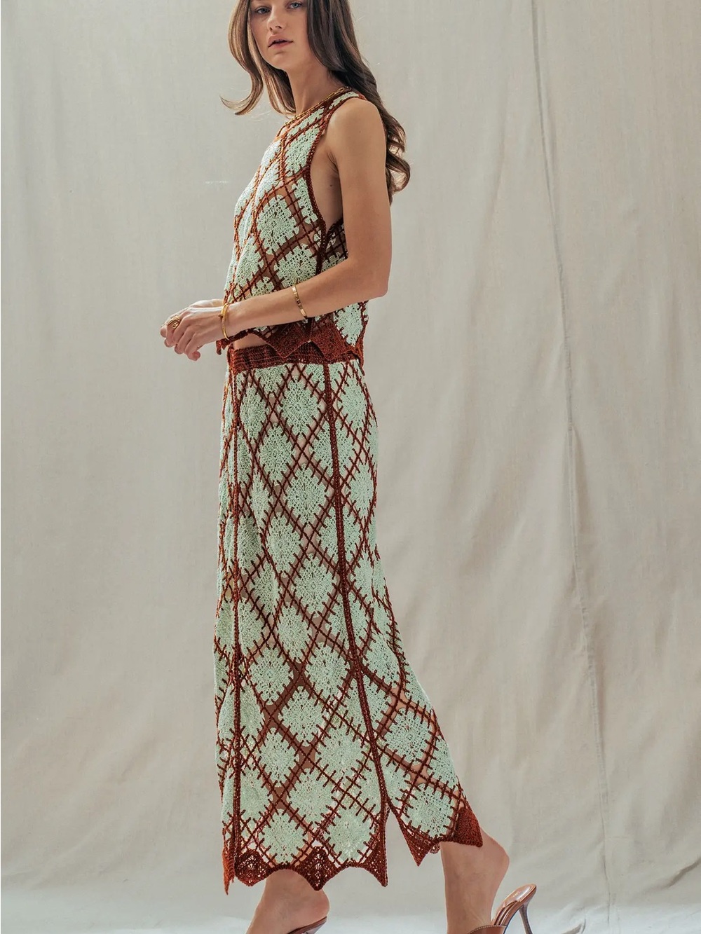Sleeveless Mint & Rust Crochet Midi Dress - Picture 2 of 6
